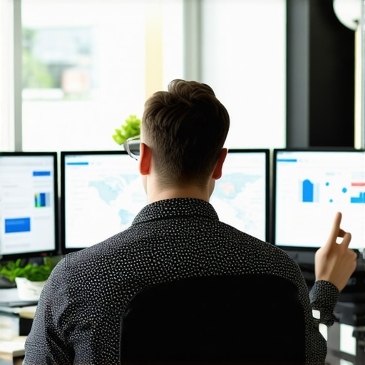 Digital marketer analyzing local SEO and map ranking data on screens in an office