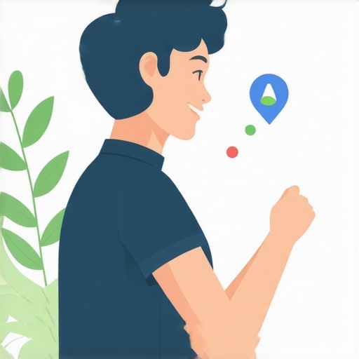 Business owner working on Google My Business profile with community and schema symbols