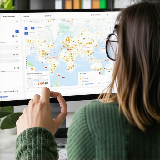 Person analyzing local SEO and Google Maps data with charts and maps on a computer