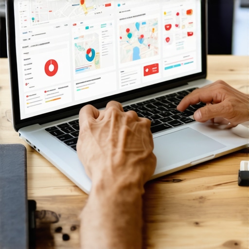 Person reviewing local SEO analytics on a laptop with SEO tools and maps displayed.