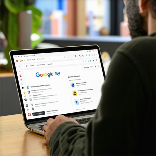 Business owner editing Google My Business profile on laptop with local landmarks