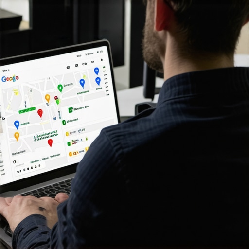 An SEO specialist reviewing local map ranking charts on a computer.
