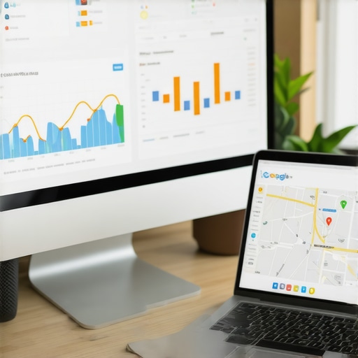 Desk with SEO analytics tools and Google Maps interface for local SEO management