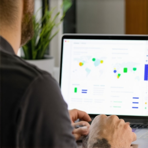 Business owner analyzing SEO data and map rankings on laptop