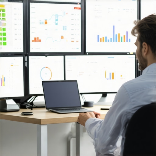 Advanced Local SEO Tools in Action Person analyzing local SEO metrics on multiple screens for map ranking maintenance.