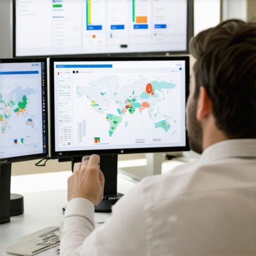 Professional analyzing local SEO and map ranking data on screens.