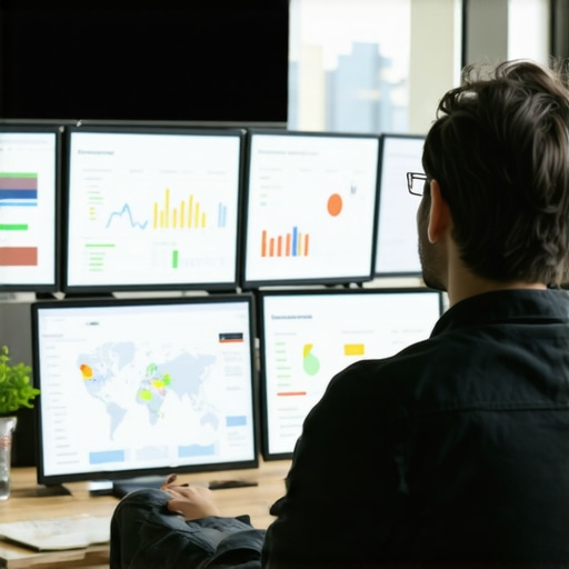 Person using multiple screens to analyze local map rankings and SEO metrics