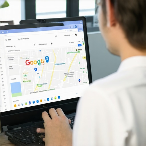 Business owner updating Google Business Profile on computer with local maps in background