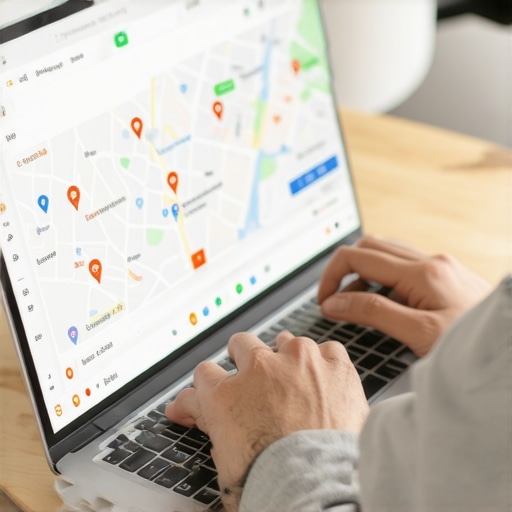 Business owner editing GMB profile on laptop with local map