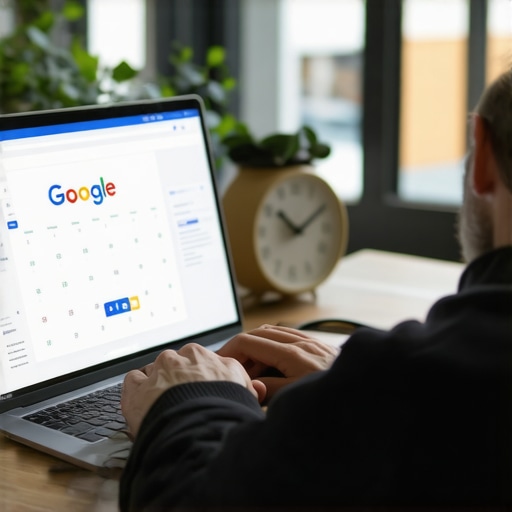 Person scheduling Google Business Profile posts on a laptop with calendar and clock