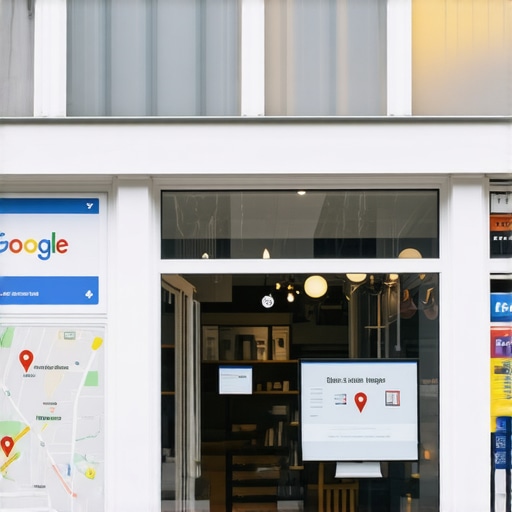 Business storefront with digital devices displaying Google Map rankings.