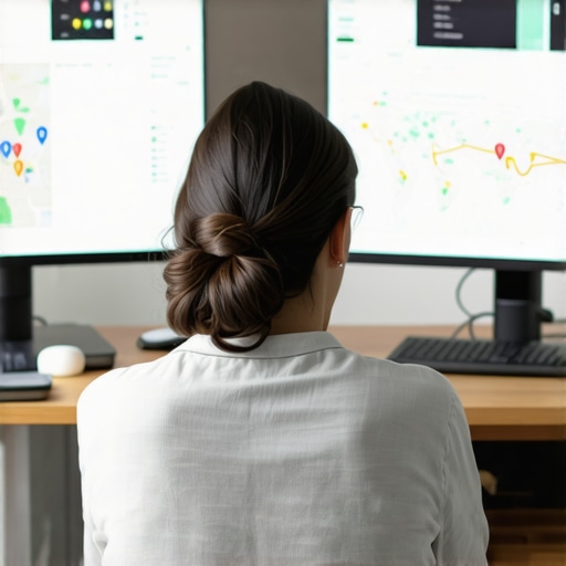 SEO professional managing map rankings Person analyzing local SEO data on multiple monitors with mapping tools.