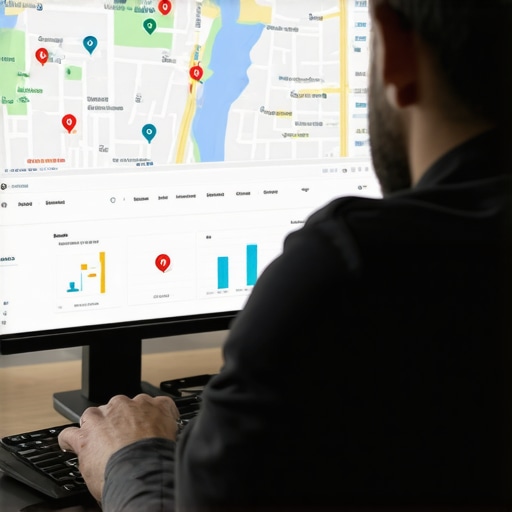 Business owner reviewing maps and SEO analytics on a laptop.