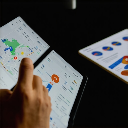 Person analyzing local SEO data on a tablet, focusing on maps and analytics for ongoing optimization