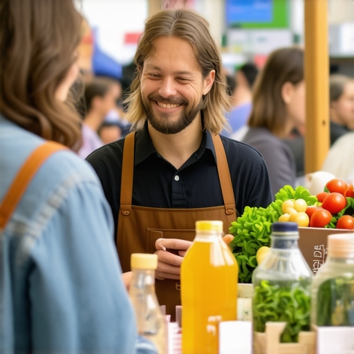 Business owner interacting with customers in a busy neighborhood shop