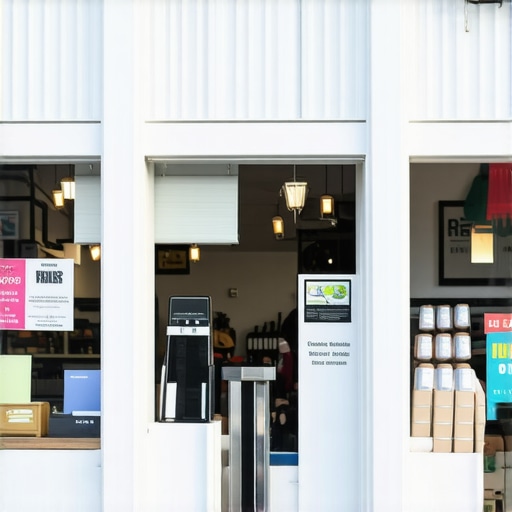 Street view of a busy local shop with customers and signage