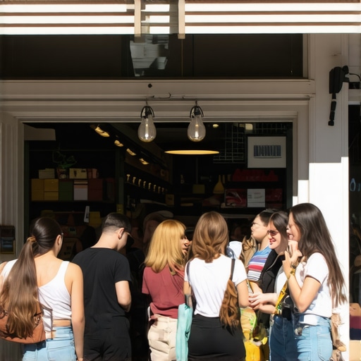 Bustling business storefront with smiling customers outside on a sunny day
