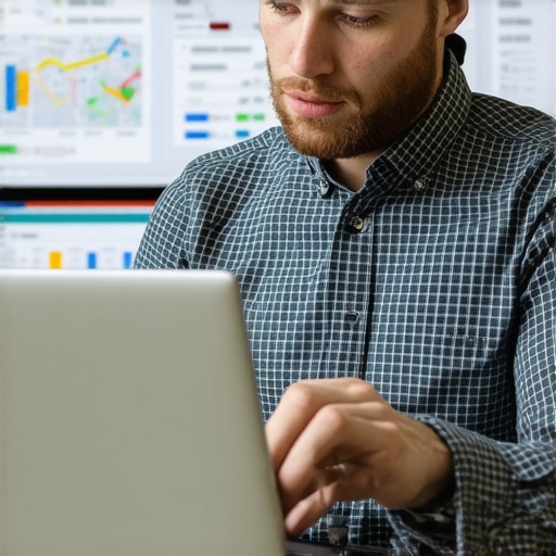 Business owner updating online business listings on a laptop, with maps and SEO data in background.
