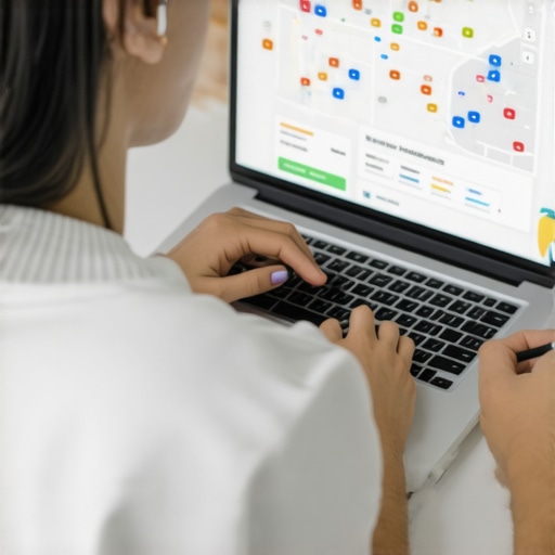 Using AI Tools for Map SEO Person analyzing local SEO data with AI-powered software on laptop.