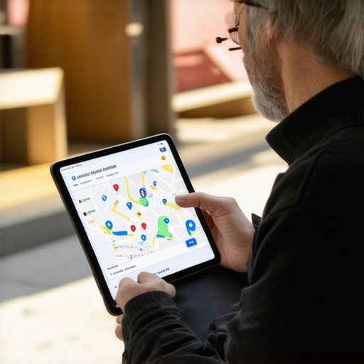 Business owner editing Google Map profile on tablet with analytics graphs.