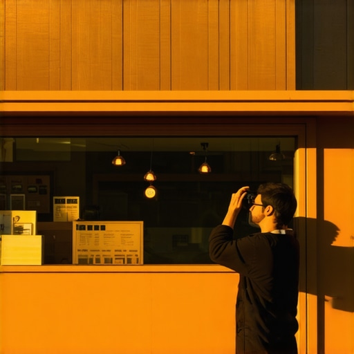 Photographer taking well-lit photos of a shop exterior at sunset.