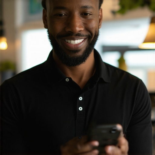 Business owner asking satisfied customer for a review on smartphone