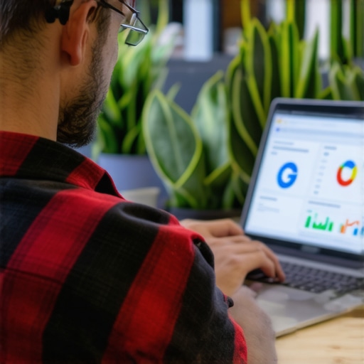 Business owner editing Google profile on laptop with analytics charts